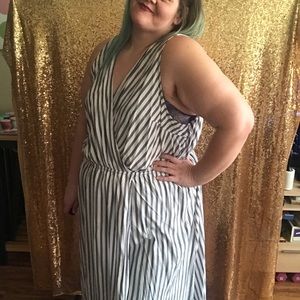 blue and white asymmetrical sleeveless dress